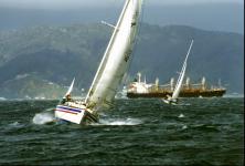 Yachts in profile with oil tanker behind