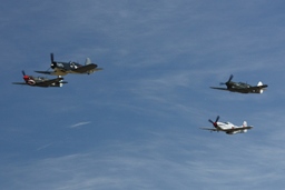 P51 Mustang, Corsair and two Kittyhawks in loose formation. (221Kb jpeg)