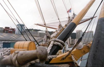 Bowsprit of the Amerigo Vespucci, looking towards dockside.