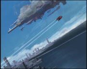 Hiranipra appears in the sky as Elvy evades the Tokyo defences.